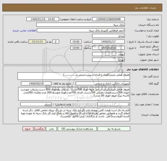 استعلام ظروف هتلی چینی(قوری و قندان و پیش دستی و..............)