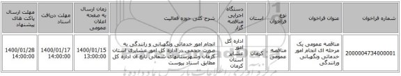 مناقصه عمومی یک مرحله ای انجام امور خدماتی ونگهبانی ورانندگی 