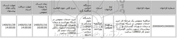 مناقصه عمومی یک مرحله ای   خرید خدمات عمومی در شبکه بهداشت و درمان شهرتان گچساران و بیمارستان شهید رجایی گچساران حجم کار  128832  ساعت  