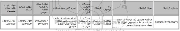 مناقصه عمومی یک مرحله ای انجام عملیات خدمات خودرویی امور انتقال نیروی جنوب بصورت حجمی