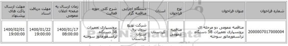 مناقصه عمومی دو مرحله ای برونسپاری تعمیرات 58 دستگاه ترانسفورماتور سوخته