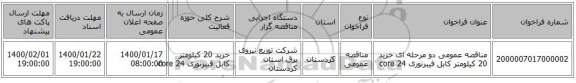 مناقصه عمومی دو مرحله ای خرید  20 کیلومتر کابل فیبرنوری 24 core