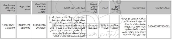 مناقصه عمومی دو مرحله ای پروژه ادامه احداث و پوشش کانال و احداث پارک عمومی در ورودی شهر – تکمیل عملیات احداث پارک بانوان- تأمین روشنایی پارک ها- تهیه 