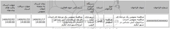 مناقصه عمومی یک مرحله ای مناقصه عمومی احداث ساختمان آتش نشانی در شهر آبگرم