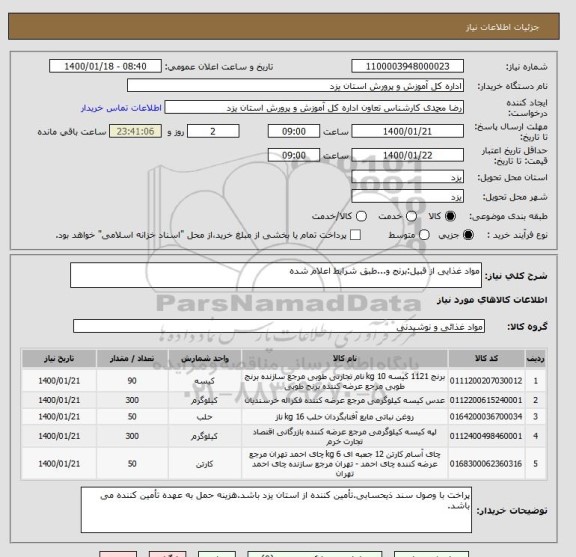 استعلام مواد غذایی از قبیل:برنج و...طبق شرایط اعلام شده