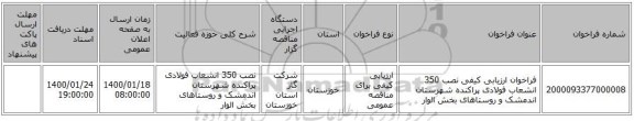 فراخوان ارزیابی کیفی نصب 350 انشعاب فولادی پراکنده شهرستان اندمشک و روستاهای بخش الوار