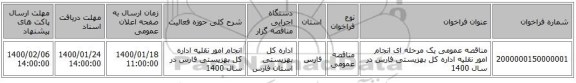 مناقصه عمومی یک مرحله ای انجام امور نقلیه اداره کل بهزیستی فارس در سال 1400