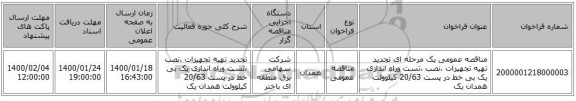 مناقصه عمومی یک مرحله ای تجدید تهیه تجهیزات ،نصب ،تست وراه اندازی یک بی خط در پست 20/63 کیلوولت همدان یک 