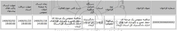 مناقصه عمومی یک مرحله ای حفظ، تعمیر و نگهداری فضا های اداری دادگستری کل استان کرمان 