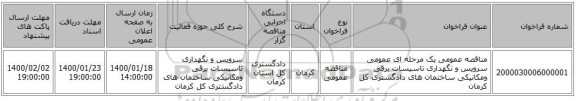 مناقصه عمومی یک مرحله ای عمومی سرویس و نگهداری تاسیسات برقی ومکانیکی ساختمان های دادگستری کل کرمان 