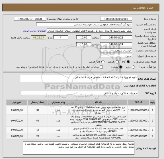 استعلام خرید تجهیزات فلزی کتابخانه های عمومی خراسان شمالی 