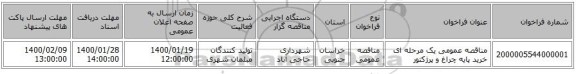 مناقصه عمومی یک مرحله ای خرید پایه چراغ و پرژکتور