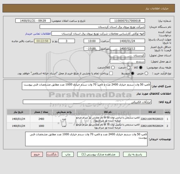 استعلام لامپ 50 وات سدیم خیاری 2400 عدد و لامپ 70 وات سدم خیاری 1000 عدد مطابق مشخصات فنی پیوست