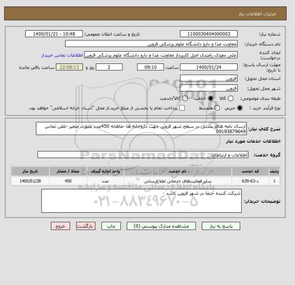 استعلام ارسال نامه های پستی در سطح شهر قزوین جهت داروخانه ها -ماهانه 450عدد بصورت متغیر -تلفن تماس 09193879649