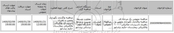 مناقصه عمومی یک مرحله ای  مناقصه واگذاری نگهداری وتعمیر و راهبری تاسیسات مکانیکی والکتریکی بیمارستان حکیم نیشابور