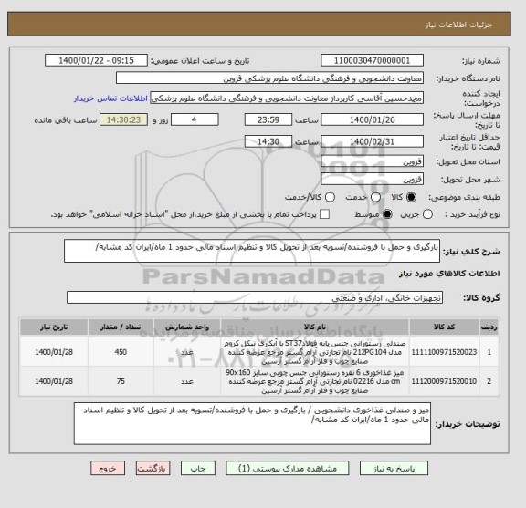 استعلام بارگیری و حمل با فروشنده/تسویه بعد از تحویل کالا و تنظیم اسناد مالی حدود 1 ماه/ایران کد مشابه/