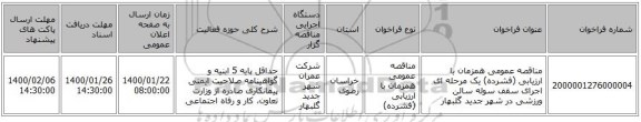 مناقصه عمومی همزمان با ارزیابی (فشرده) یک مرحله ای اجرای سقف سوله سالن ورزشی در شهر جدید گلبهار