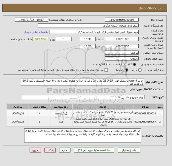 استعلام خرید 4 حلقه لاستیک لودر  25-23.5 نخی 24 لا مارک البرز به همراه تیوپ و نوار و 6 حلقه لاستیک بابکت 16.5-12 مارک البرز