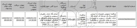 مناقصه عمومی همزمان با ارزیابی (فشرده) یک مرحله ای انجام نگه داری، راهبری، سرویس و تعمیرات سیستم های الکتریکی و مکانیکی موتورخانه های دانشگاه شهید چمران اهواز