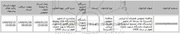 مناقصه عمومی همزمان با ارزیابی (فشرده) یک مرحله ای تجهیز آزمایشگاه های مجتمع آزمایشگاهی کشاورزی دانشگاه شهید چمران اهواز  در سال 1400 