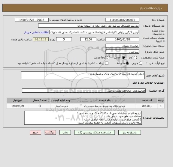 استعلام انجام آزمایشات موردی مکانیک خاک چشمه شور-1