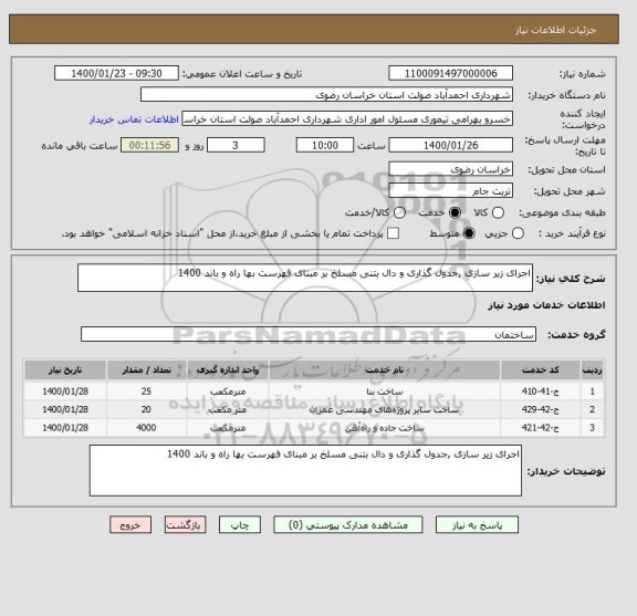 استعلام اجرای زیر سازی ,جدول گذاری و دال بتنی مسلخ بر مبنای فهرست بها راه و باند 1400