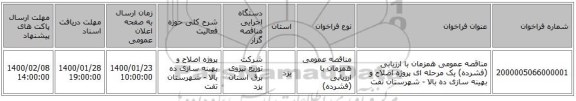 مناقصه عمومی همزمان با ارزیابی (فشرده) یک مرحله ای پروژه اصلاح و بهینه سازی ده بالا - شهرستان تفت