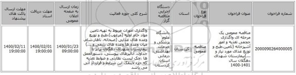 مناقصه عمومی یک مرحله ای واگذاری حجمی تغذیه و امور آشپزخانه (تامین،طبخ و توزیع غذای مورد نیاز و ...)بیمارستان شهدای دهگلان سال 1401-1400