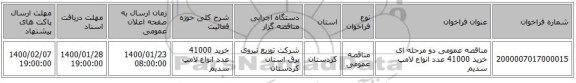 مناقصه عمومی دو مرحله ای خرید 41000 عدد انواع لامپ سدیم