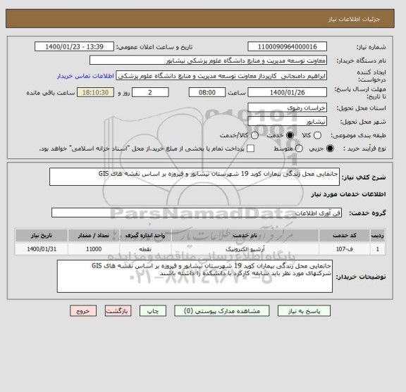 استعلام جانمایی محل زندگی بیماران کوید 19 شهرستان نیشابور و فیروزه بر اساس نقشه های GIS