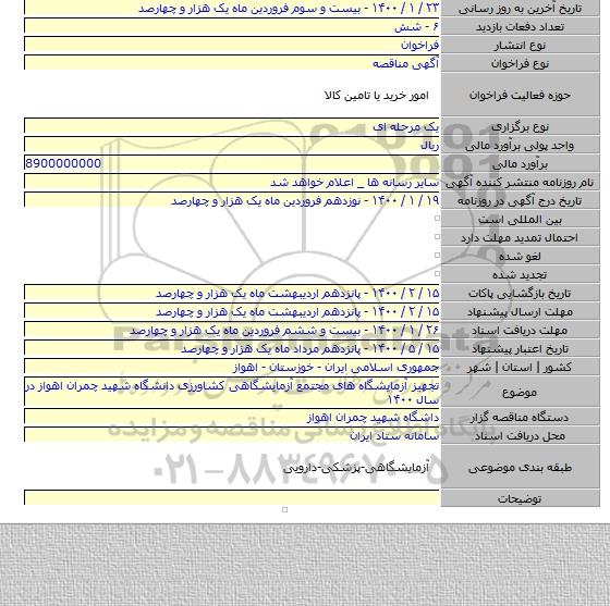 تجهیز آزمایشگاه های مجتمع آزمایشگاهی کشاورزی دانشگاه شهید چمران اهواز  در سال ۱۴۰۰