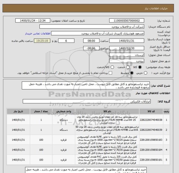 استعلام خرید ترانسفورماتور و کابل مطابق فایل پیوست . محل تامین اعتبار به صورت نقدی می باشد . هزینه حمل برعهده فروشنده می باشد . 