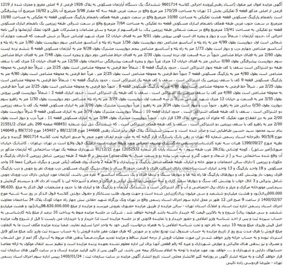 آگهی مزایده ششدانگ یک دستگاه آپارتمان مسکونی به پلاک 1926 فرعی از 4 اصلی مفروز و مجزی شده