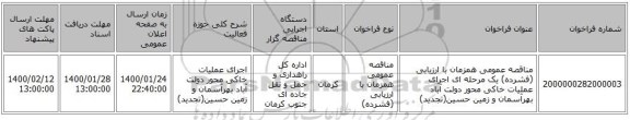 مناقصه عمومی همزمان با ارزیابی (فشرده) یک مرحله ای اجرای عملیات خاکی محور دولت آباد بهرآسمان و زمین حسین(تجدید)