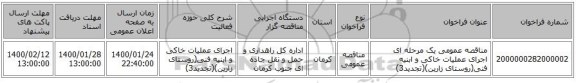 مناقصه عمومی یک مرحله ای اجرای عملیات خاکی و ابنیه فنی(روستای زارین)(تجدید3)