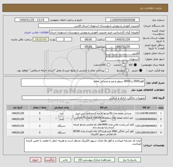 استعلام کولر3500 و 8000 سپهر و میز و صندلی معلم