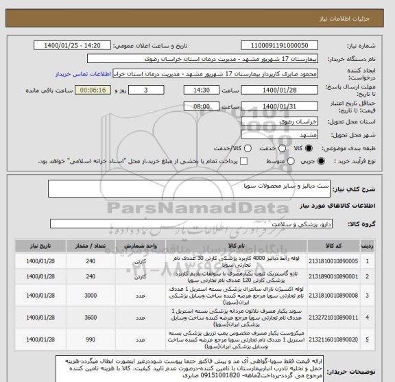 استعلام ست دیالیز و سایر محصولات سوپا