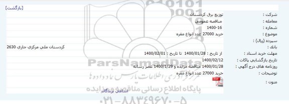 مناقصه خرید 27000 عدد انواع مقره