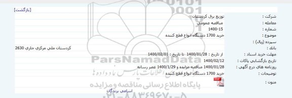 مناقصه خرید 1700 دستگاه انواع قطع کننده 