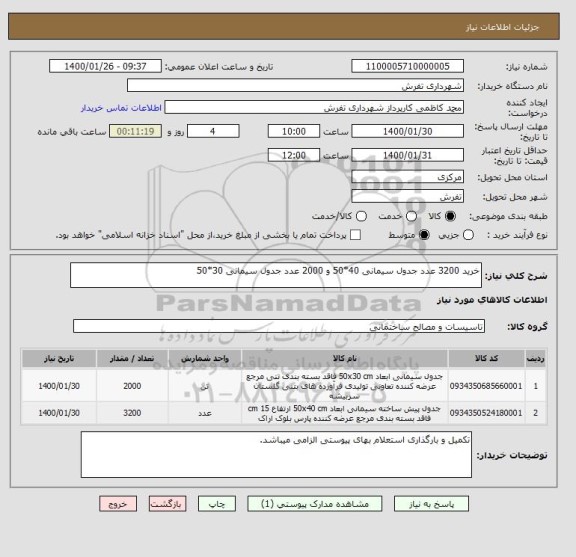 استعلام خرید 3200 عدد جدول سیمانی 40*50 و 2000 عدد جدول سیمانی 30*50