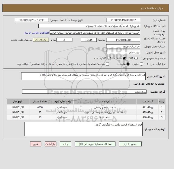 استعلام اجرای زیر سازی و جدول گذاری و اجرای دال بتنی مسلح بر مبنای فهرست بها راه و باند 1400