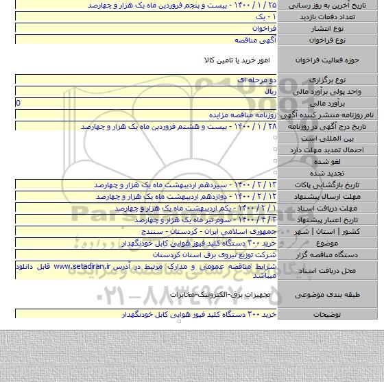 خرید ۳۰۰  دستگاه کلید فیوز هوایی کابل خودنگهدار