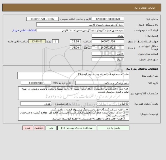 استعلام ماسک سه لایه اسپان باند وملت بلون گرماژ 25