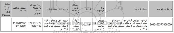 فراخوان ارزیابی کیفی تجدید مرتبه اول پروژه نیرورسانی و مقاو سازی سیستم برق روشنایی و ارتینگ ایستگاه های ایذه و دهدز