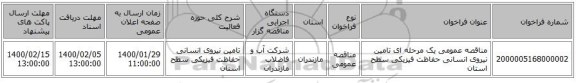 مناقصه عمومی یک مرحله ای تامین نیروی انسانی حفاظت فیزیکی سطح استان