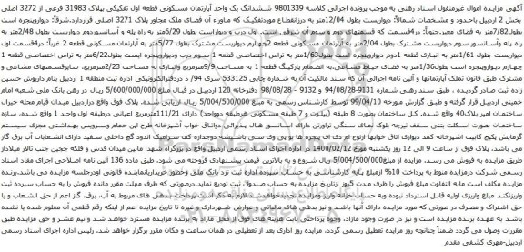 آگهی مزایده ششدانگ یک واحد آپارتمان مسکونی قطعه اول تفکیکی بپلاک 31983 فرعی از 3272 اصلی