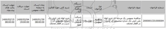 مناقصه عمومی یک مرحله ای خرید لوله پلی اتیلن تک جداره مخصوص آب شرب در اقطار مختلف