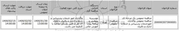 مناقصه عمومی یک مرحله ای مناقصه عمومی واگذاری امورخدمات پشتیبانی و خدمات اداری و دفتری