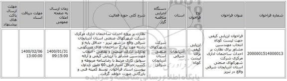 فراخوان ارزیابی کیفی جهت لیست کوتاه انتخاب مهندسین مشاور برای نظارت بر احداث ساختمان اداری مرکزی شرکت شهرکهای صنعتی استان آذربایجان شرقی واقع در تبریز