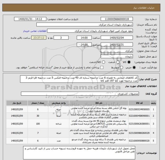 استعلام کد کالاهای انتخابی به همراه 6 عدد درختچه ستاره ای 40 عدد درختچه فنکس 5 عدد درختچه افرا قرمز 3 عدد درختچه مورد کلا 197 قلم کالا